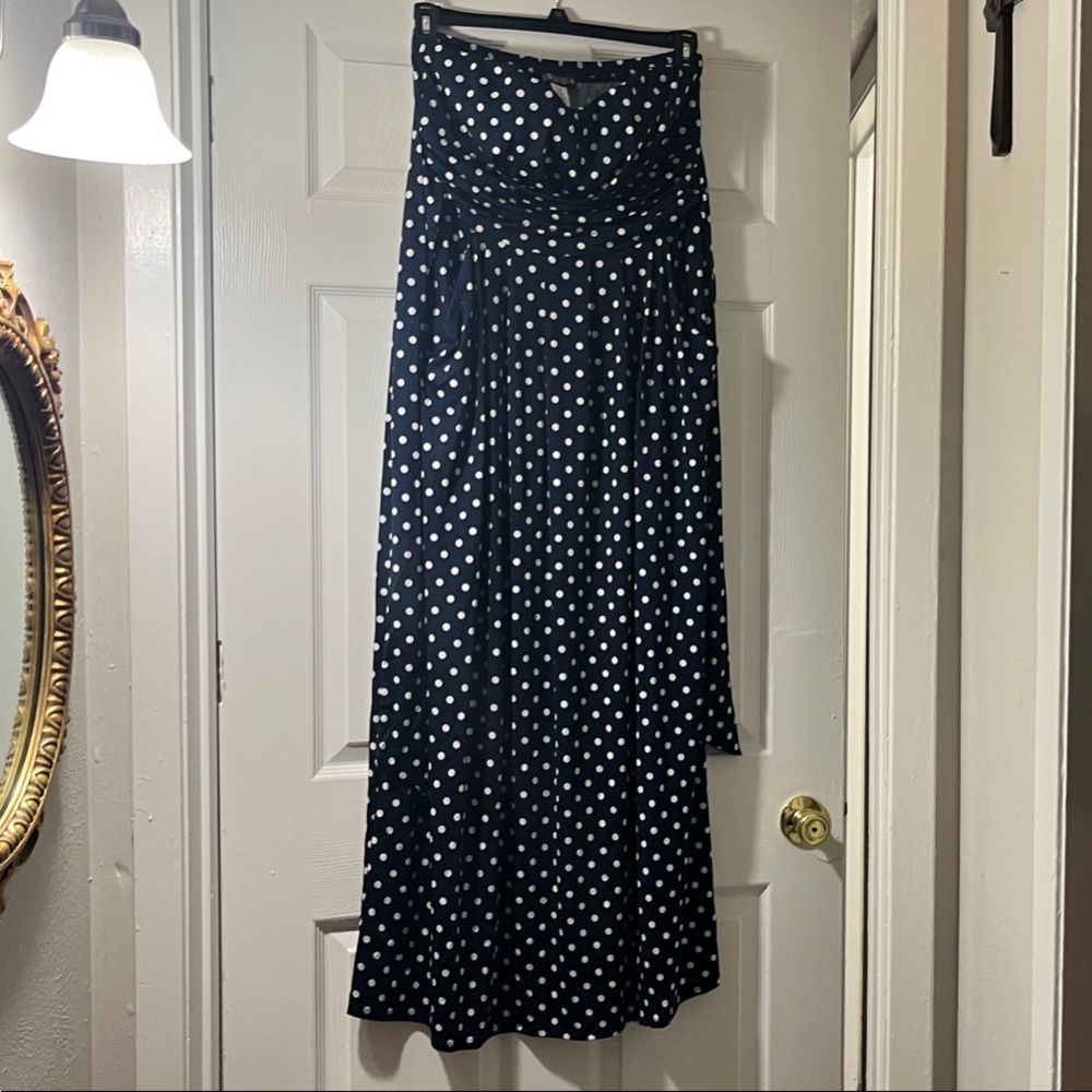 Paper Doll Navy Strapless Dress with‎ White Polka Dots